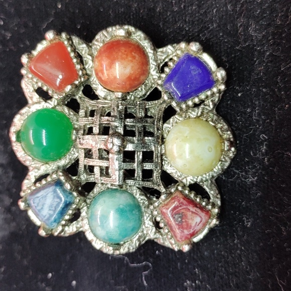 VINTAGE UNSIGNED ANTIQUE SILVER TONE SEMI PRECIOUS STONE BROOCH PIN - Picture 1 of 3